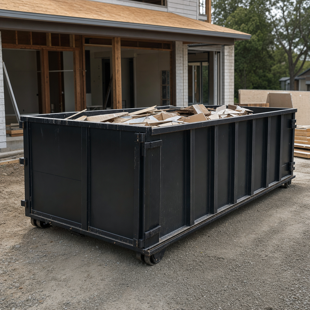 Large matte-black 30-yard construction roll-off dumpster at an active Portland jobsite, steel-gray top rails and bottom rollers visible, loaded with construction debris.